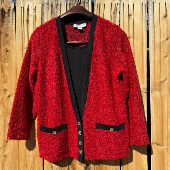 Vintage 90s Cathy Daniels Red Black Attached Cardigan Sweater | Size Large - Picture 5 of 13